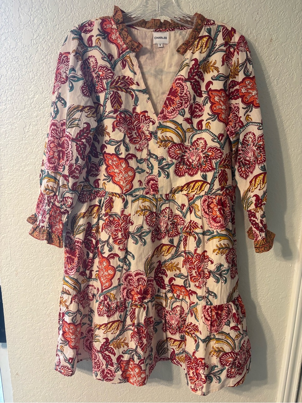 Charlies Cream Midi Dress with Red and Orange Floral Print size Small